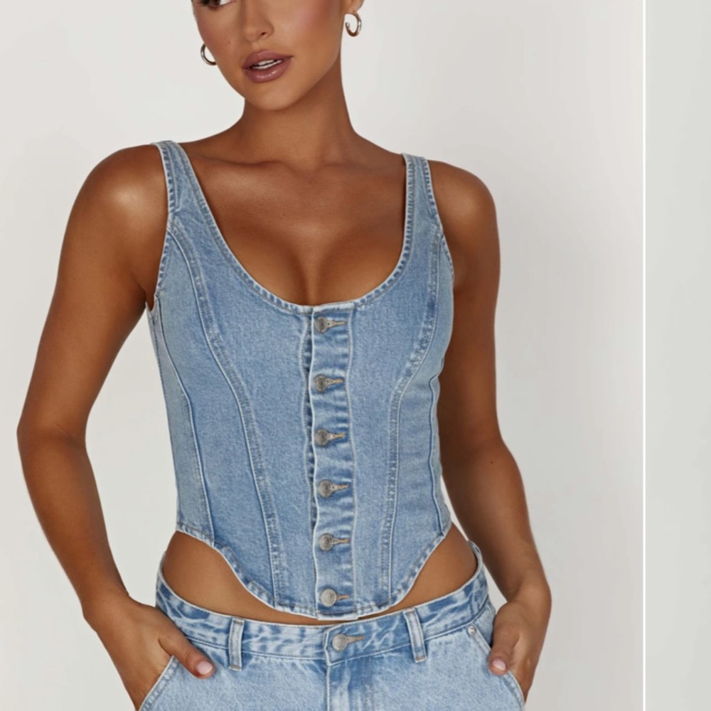 Meshki Light Blue Denim Corset Crop Top